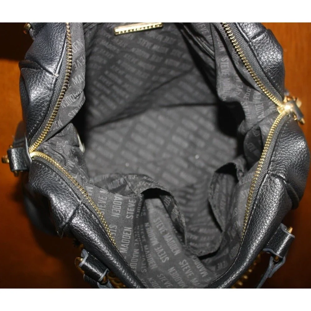 Steve Madden Shoulder Hand Bag Black Chains Large 12 X 9 1/2 Zip Pockets